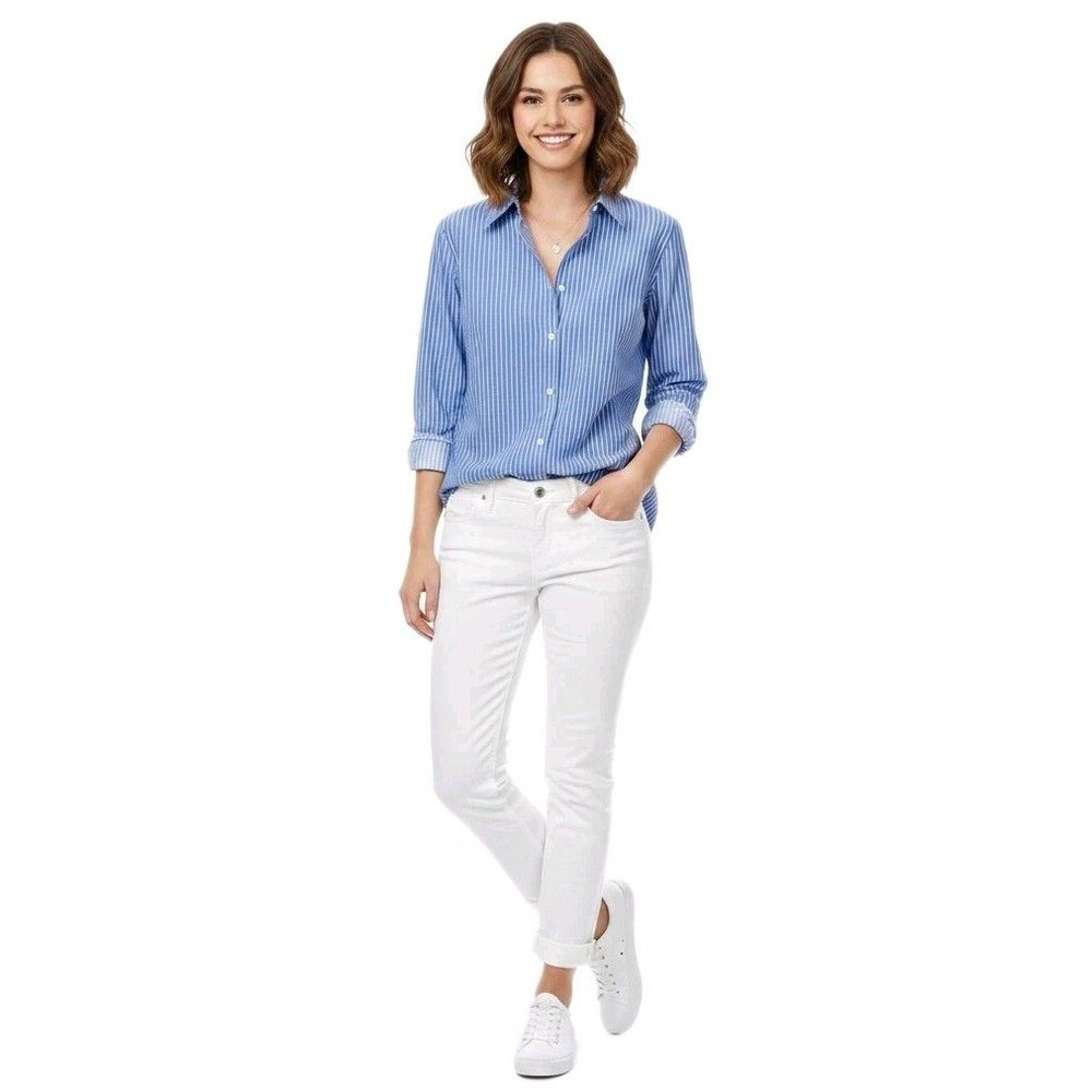 CHAPS Womens Size S Easy Care Button Up No Iron Stretch Modal Blouse Blue Stripe